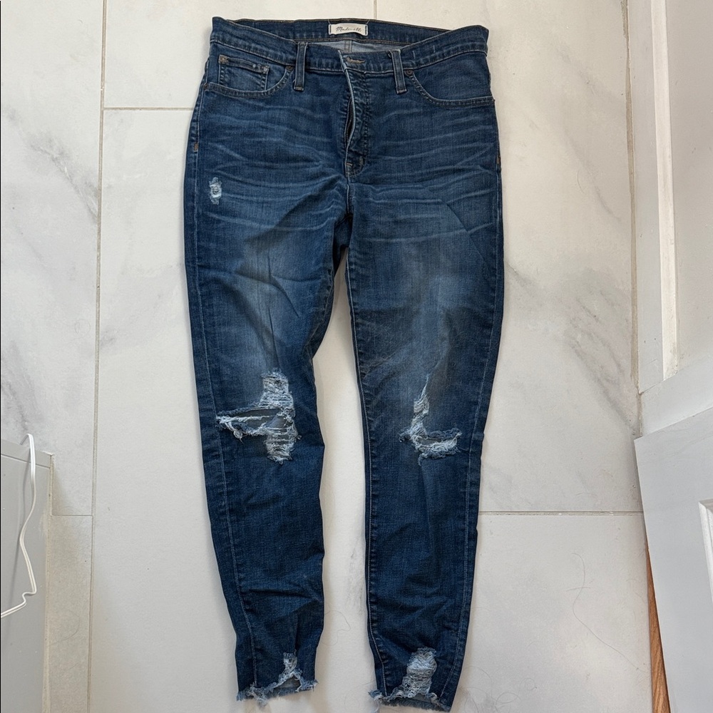 Madewell Dark Blue Distressed Ankle Jeans Skinny High Rise